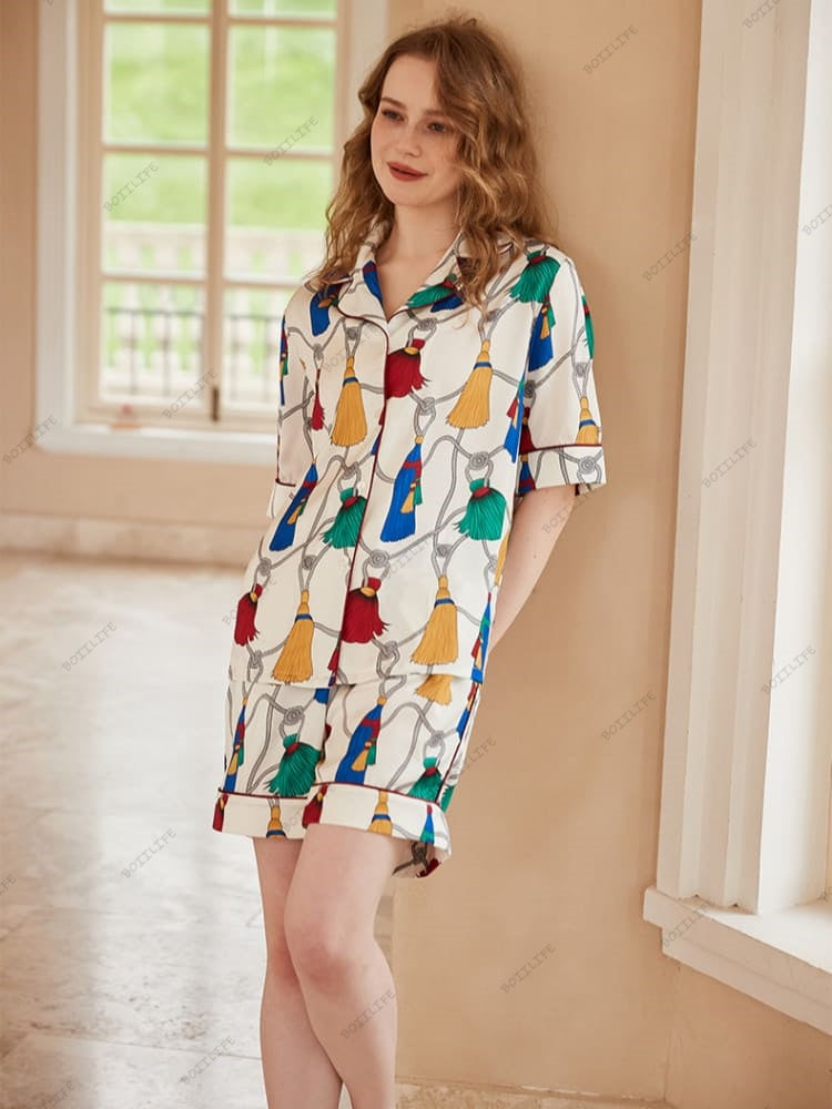 Fringe Pattern Ice Silk Short-Sleeve Loungewear Set