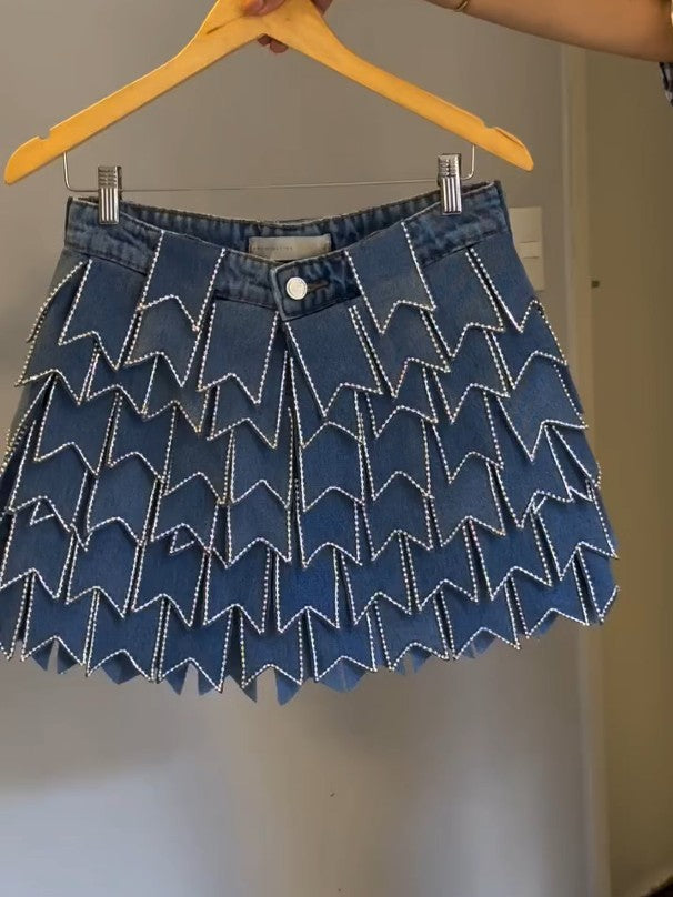 Arrow Shaped Layered Denim Mini Skirt