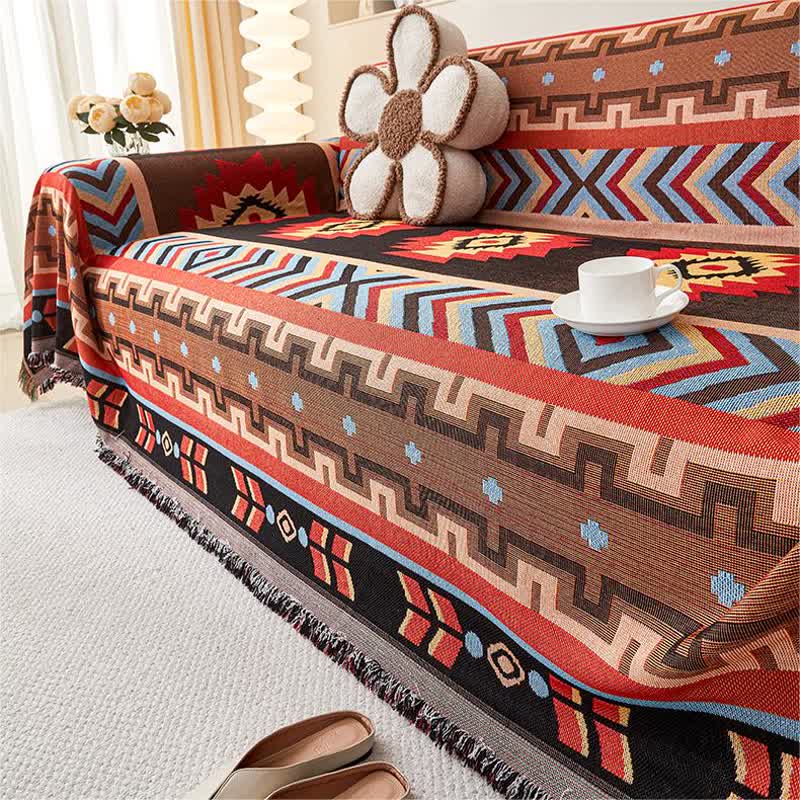 Geometric sofa cover with tassels