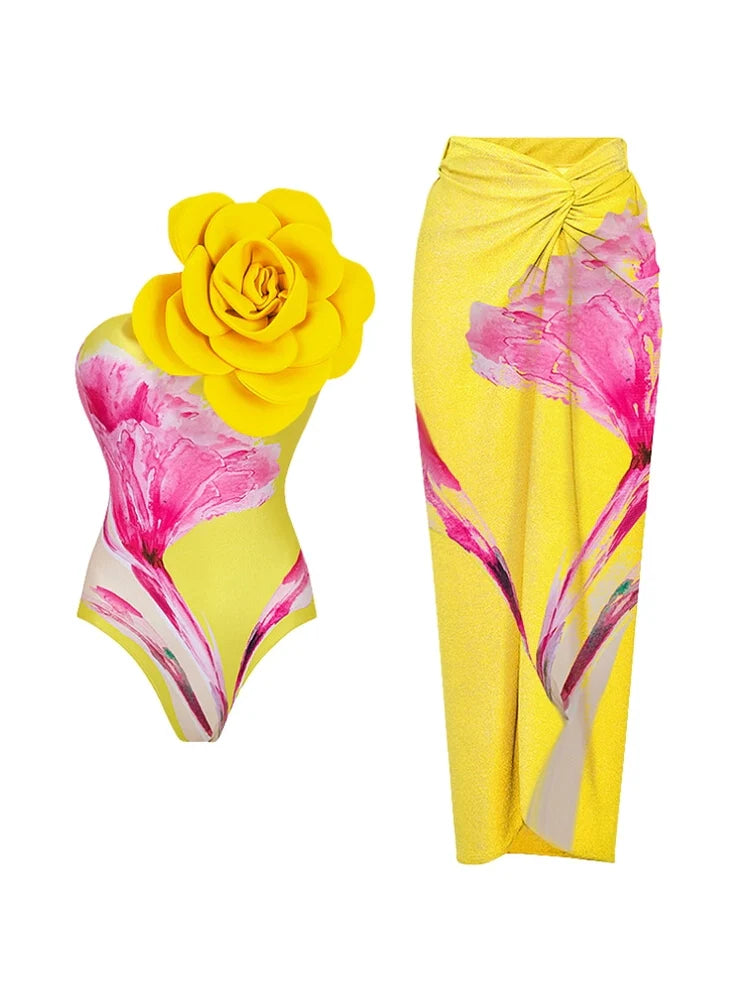 Floral Print Swimsuit with 3D Flower Detail