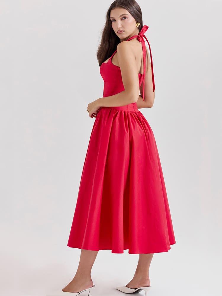 Halter Neck Midi Dress with Side Slit - Scarlet Red