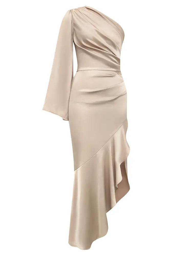 One-Shoulder Satin Ruffle Dress