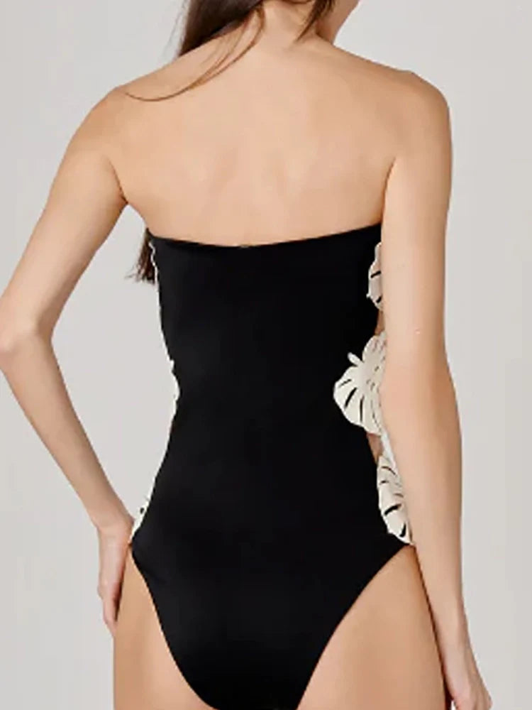 Leaf Patchwork Cutout Strapless Swimsuit