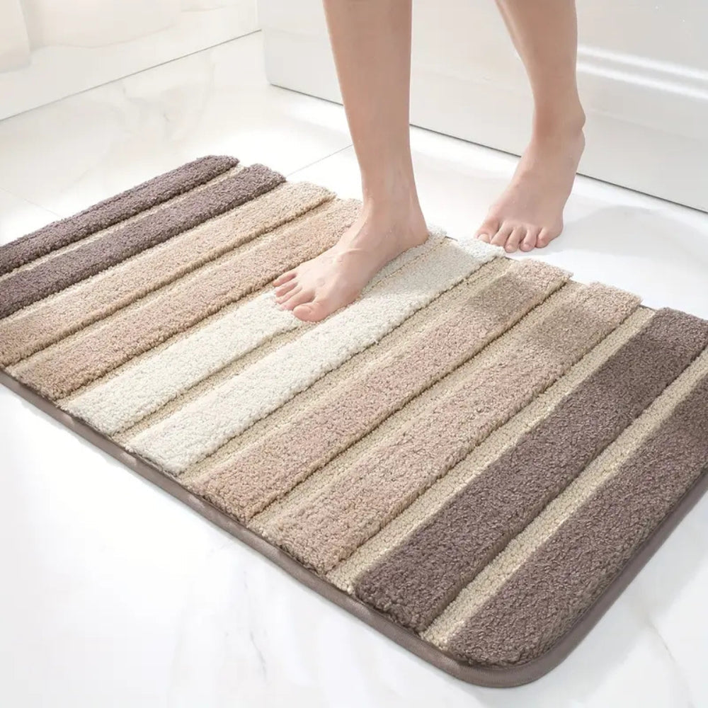 Soft striped gray bath mat with non-slip backing, absorbent plush bathroom rug for shower and tub area
