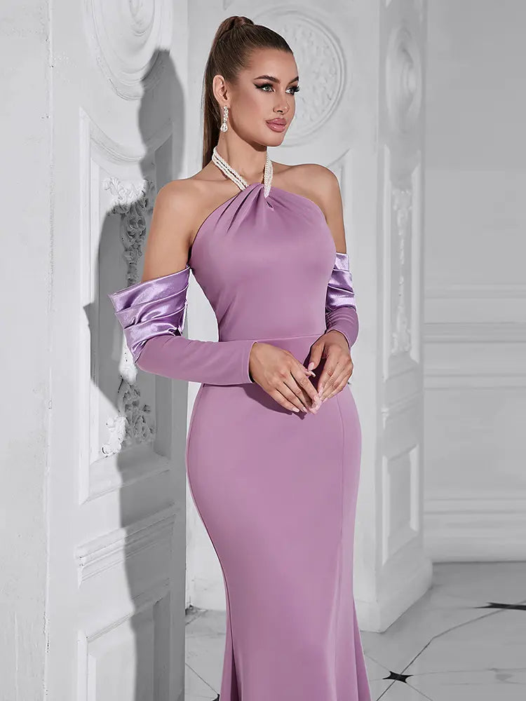 Pearl Halter Neck Long Sleeve Dress