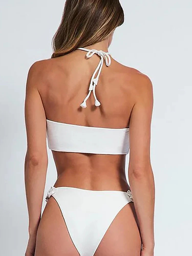 Halter Solid Color Floral Embellished Swimsuit