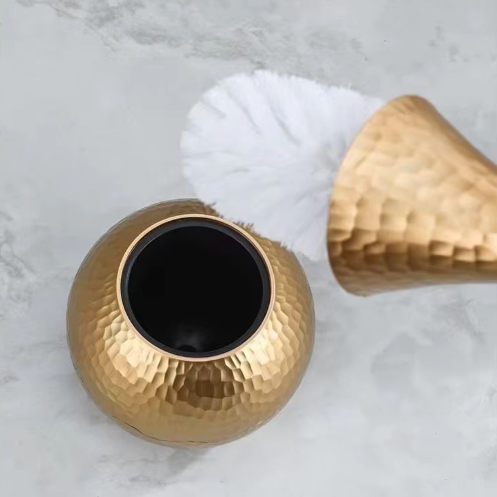 Gold hammered toilet brush with matching holder, luxury bathroom cleaning set with modern metallic design