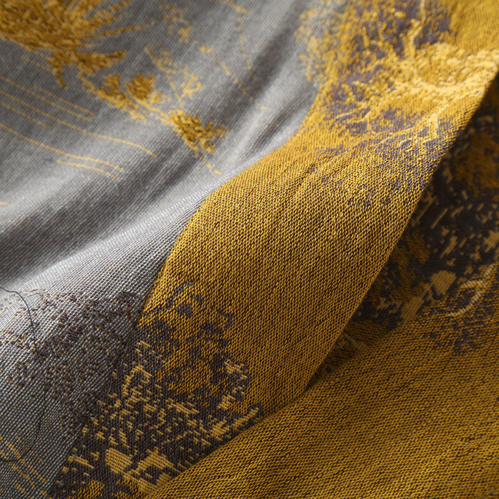 Long grey kimono robe with gold floral pattern – lightweight loungewear with belt for men and women