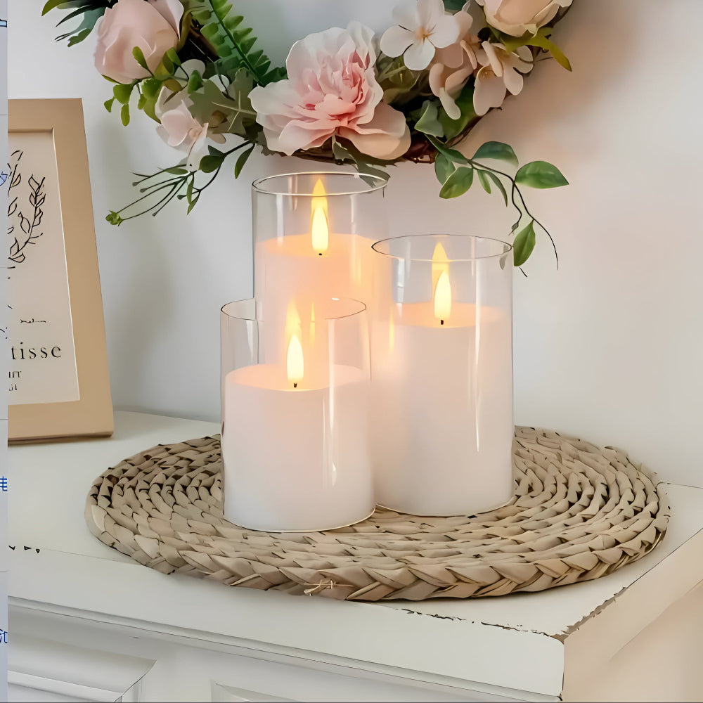 Set of flameless LED pillar candles with frosted glass, realistic battery-operated candles for home decor and ambient lighting