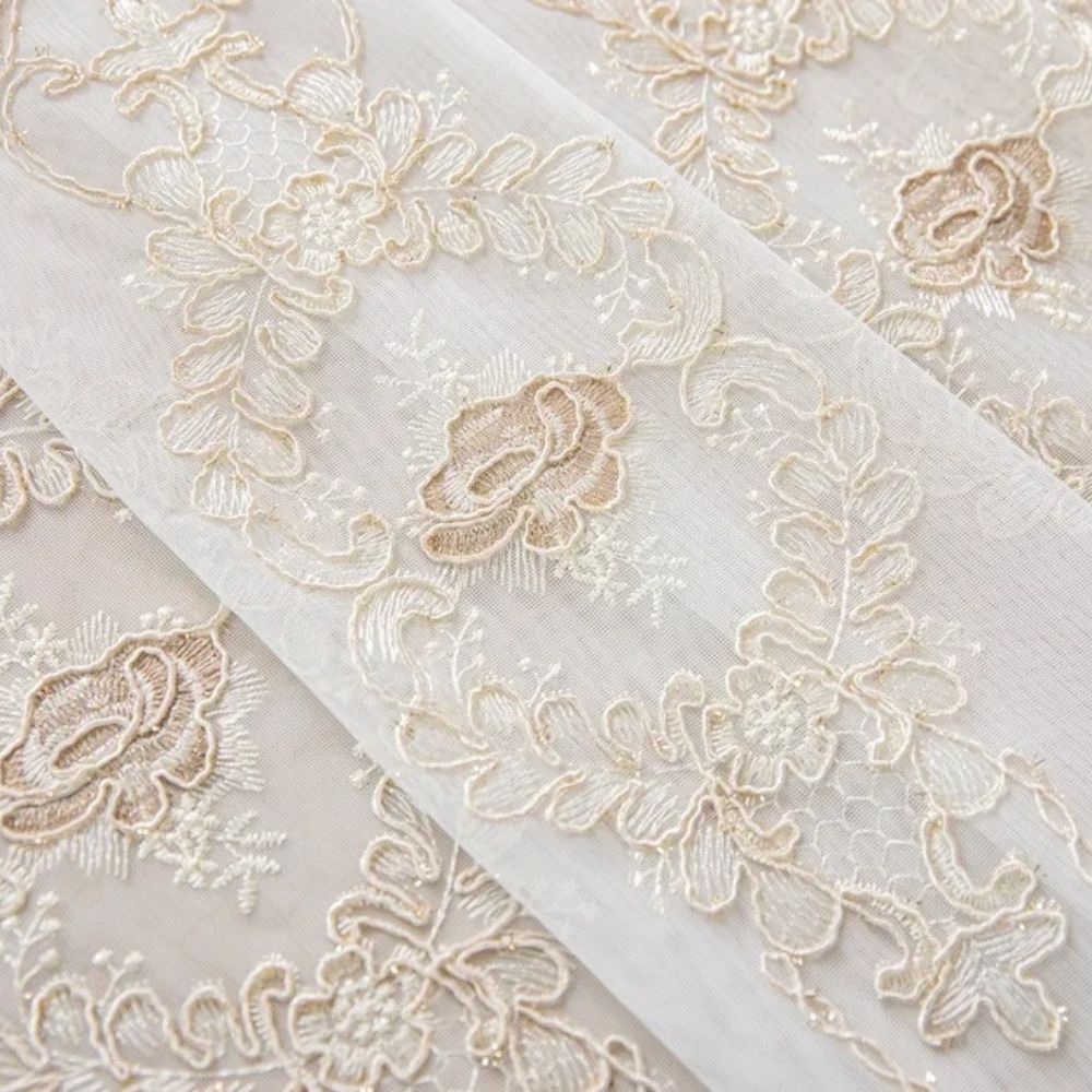 Elegant lace sheer curtains with floral embroidery, luxury window drapes for bedroom or living room decor