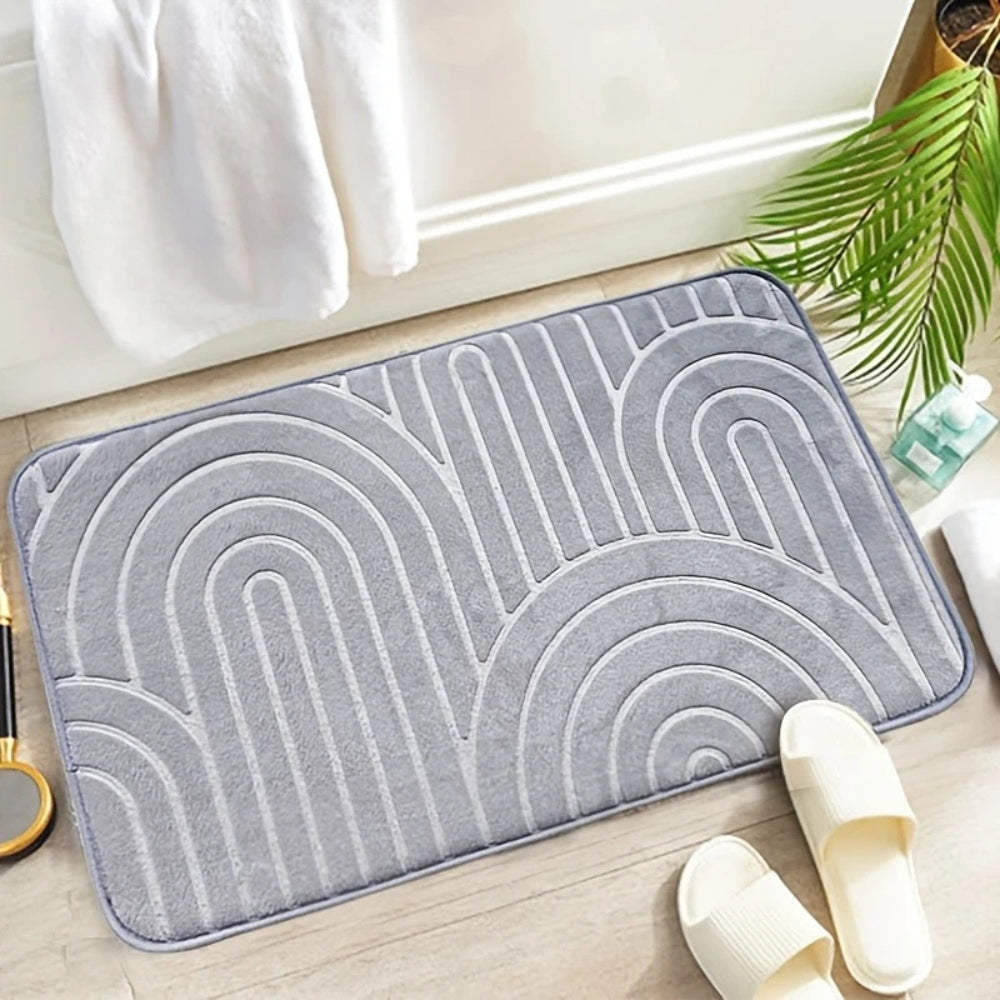 Dark brown bath mat with raised arch pattern, soft absorbent non-slip rug for bathroom floor and shower