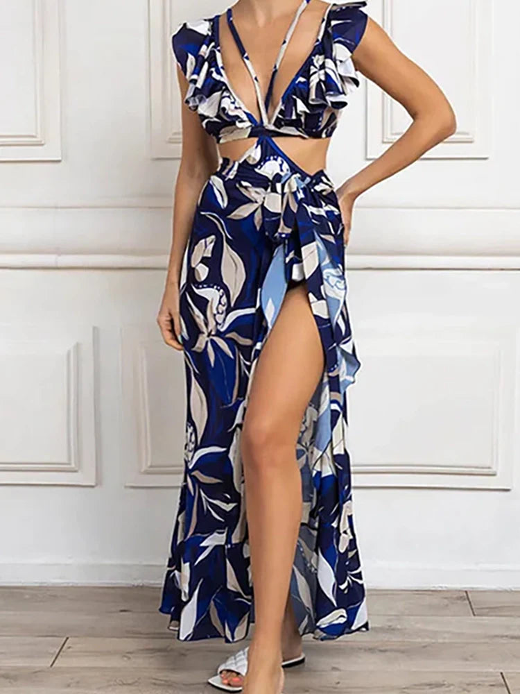 Off-Shoulder Tie-String Printed Cutout Monokini