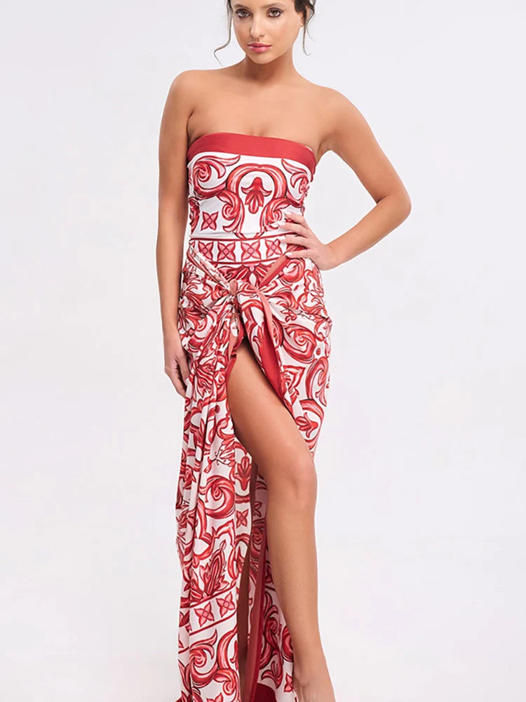 Ethnic Print One-Piece Swimsuit Set