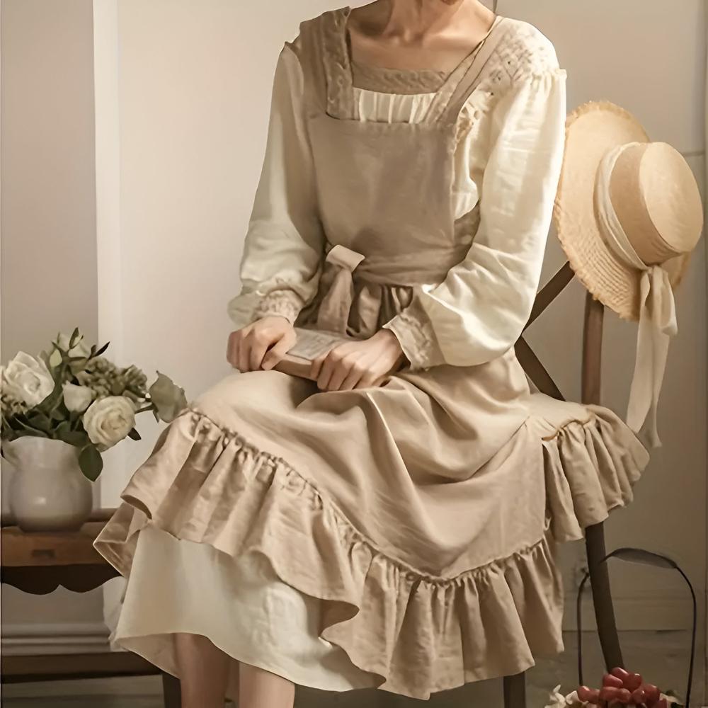 Vintage linen apron in dusty beige with ruffle hem and waist tie, cottagecore cooking and gardening apron for women