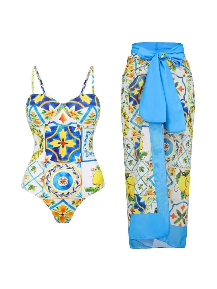 Lemon Print Backless One Piece Swimsuit Set