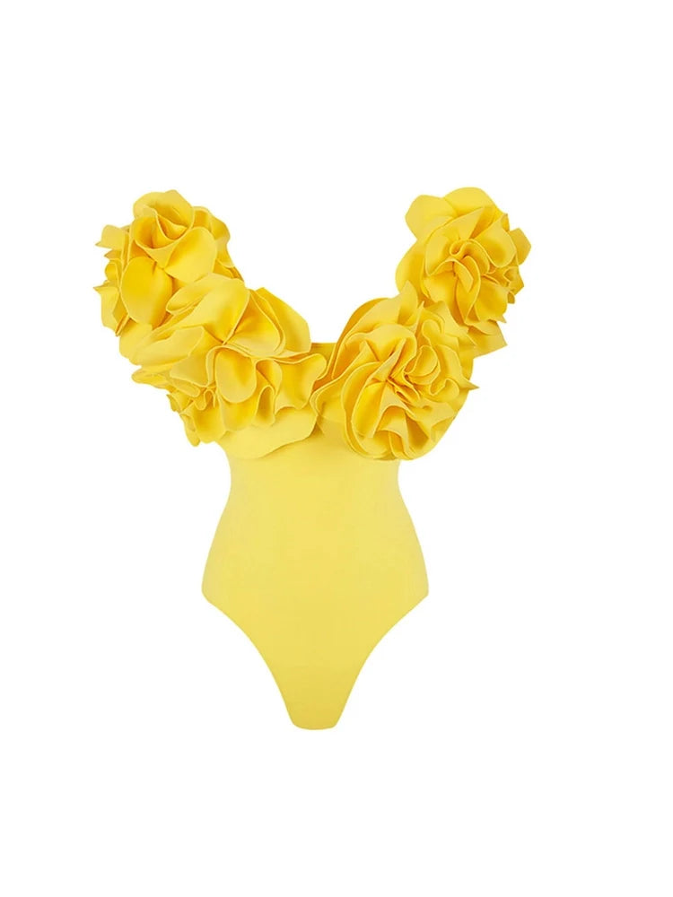 3D Floral Strapless Solid One-Piece Swimsuit