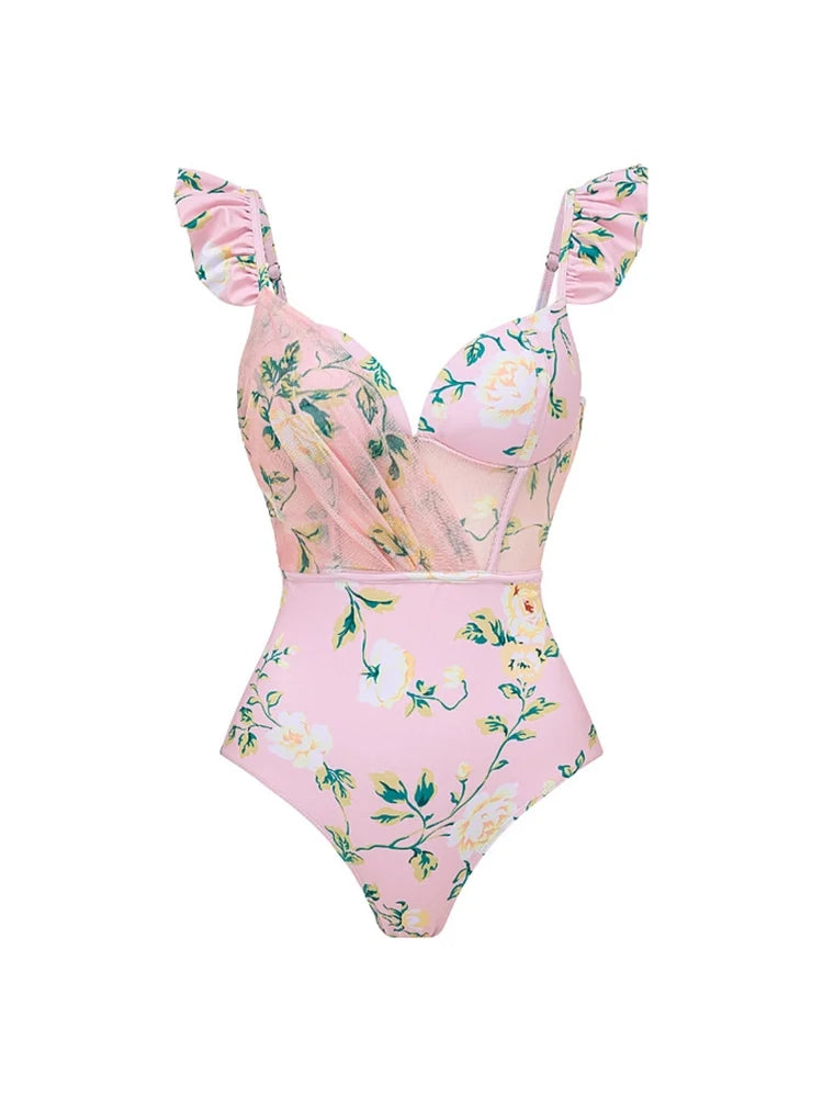 Pink Floral One-Piece with 3D Crystal Flowers