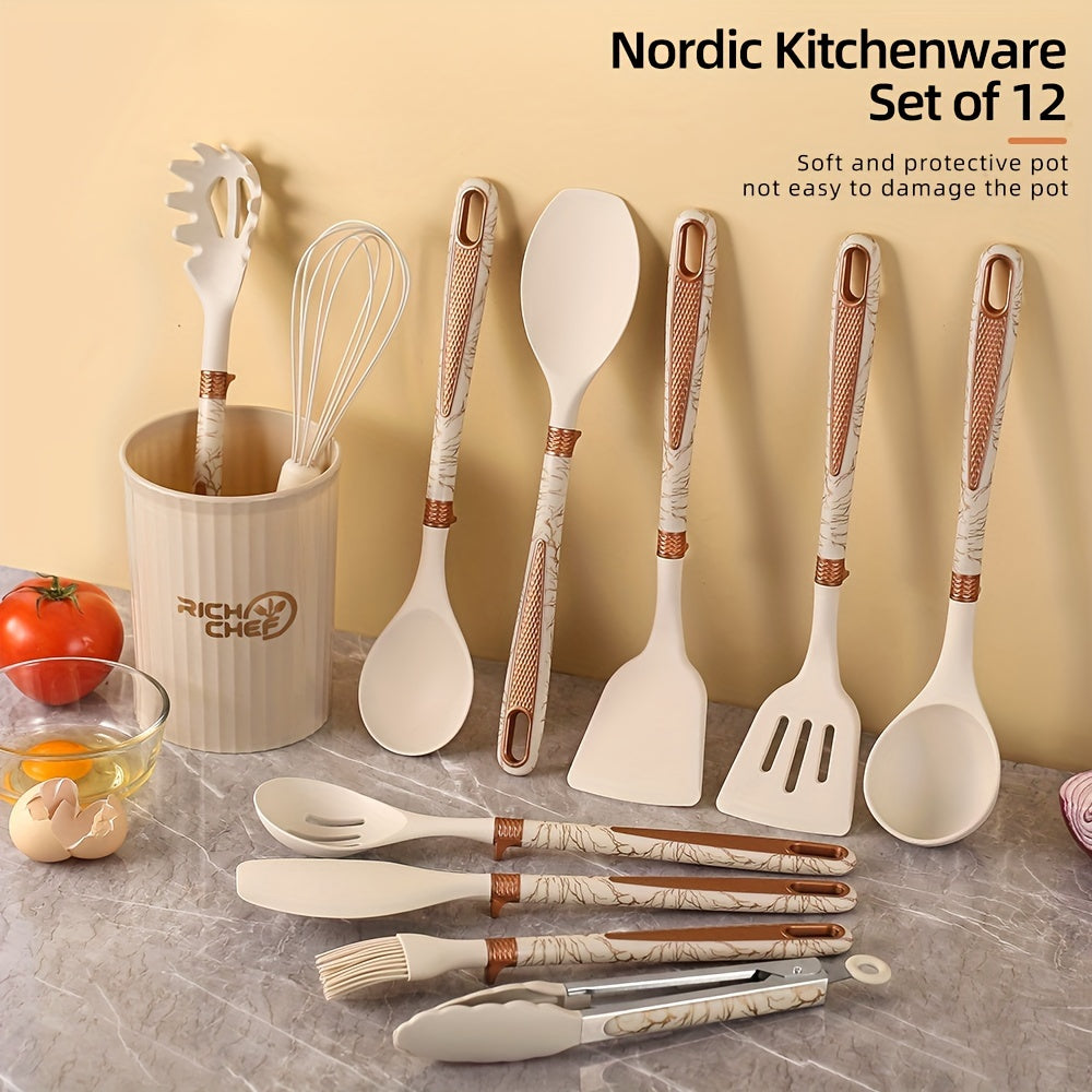 12-piece Nordic kitchen utensil set with non-stick silicone tools and wooden handles, heat-resistant cooking spoons, spatulas, and whisk