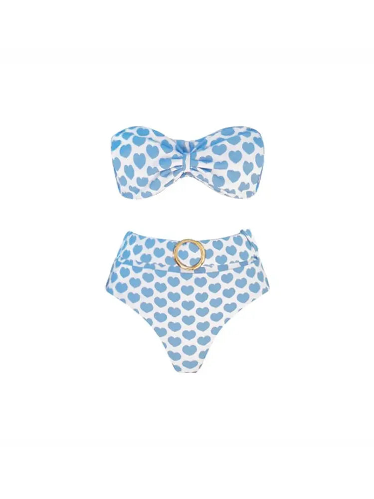 Heart Print Fresh Shorts Bikini Set
