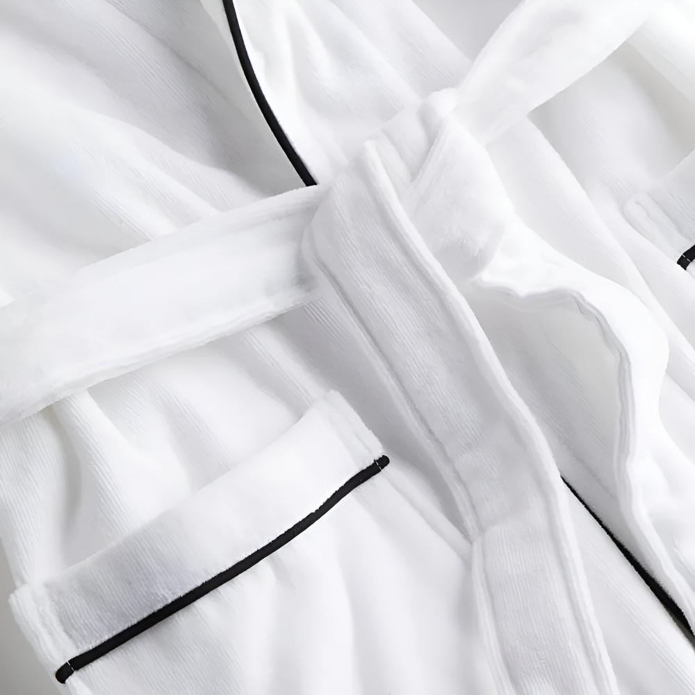 White cotton bathrobe with black piping – lightweight spa robe with belt and pockets for men and women