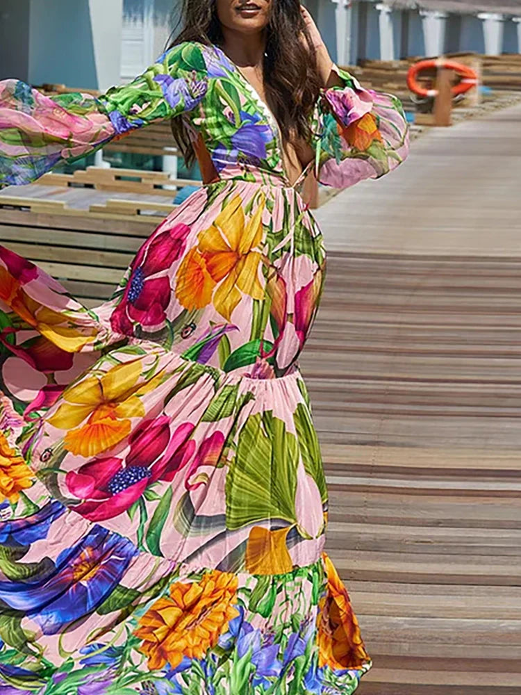 Deep V Lantern Sleeve Printed Swimsuit Set