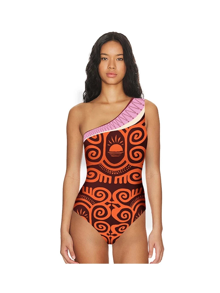 One Shoulder Ethnic Print Swimsuit