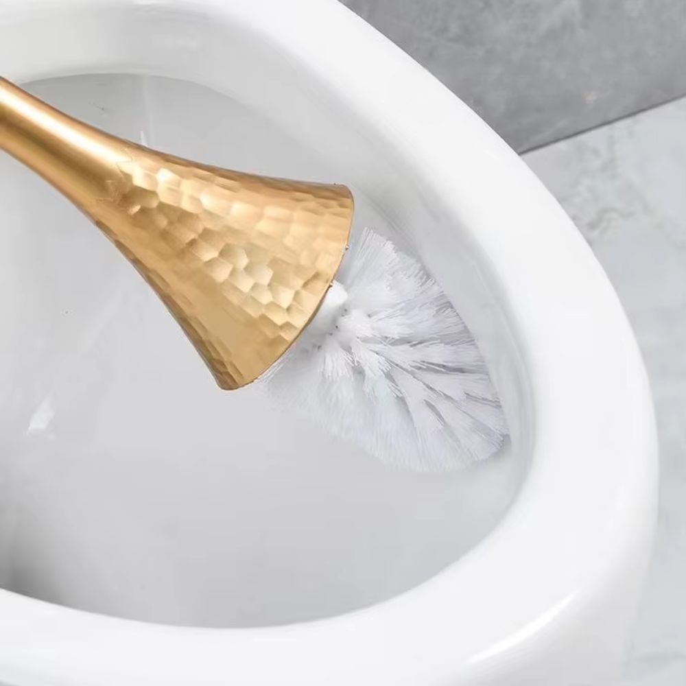 Gold hammered toilet brush with matching holder, luxury bathroom cleaning set with modern metallic design