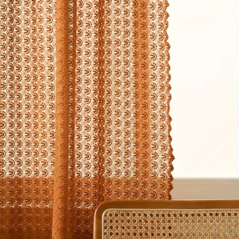 Rust orange sheer curtain with geometric pattern, lightweight decorative window drape for living room or bedroom