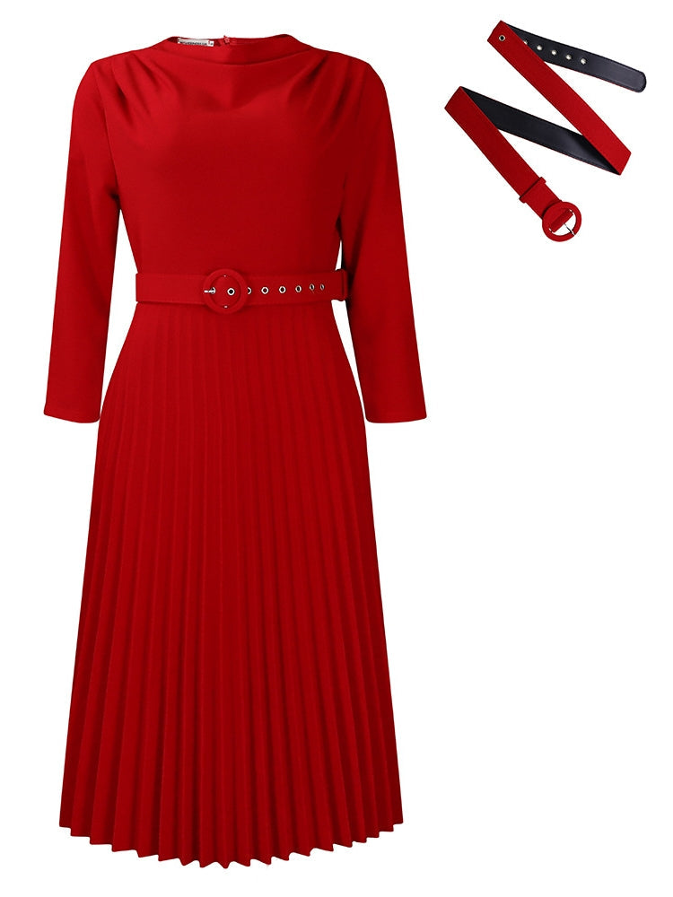 Elegant Solid Color Pleated Dress with Belt