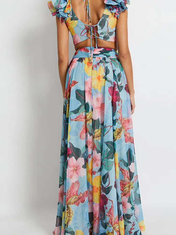 One Piece Cutout Printed Swimsuit Set