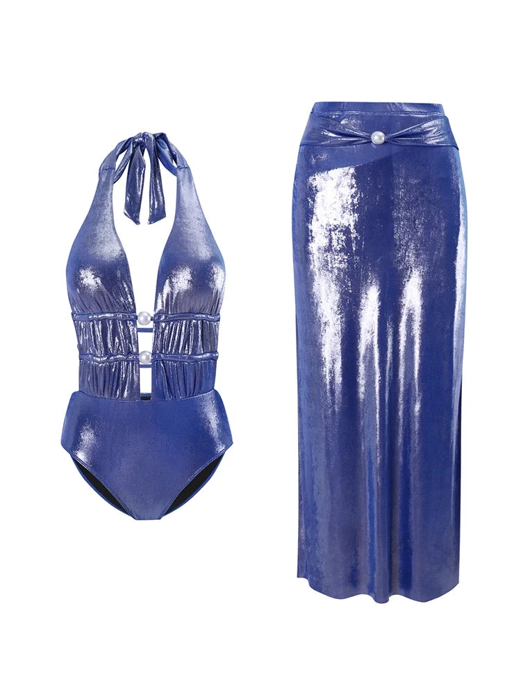 Glossy Mist Deep V Halter Pearl Swimsuit