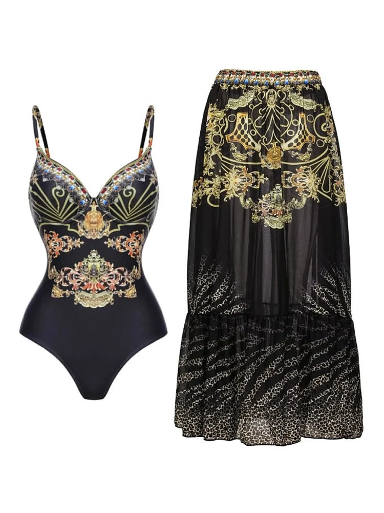 Black Gold Print Strappy One Piece Swimsuit