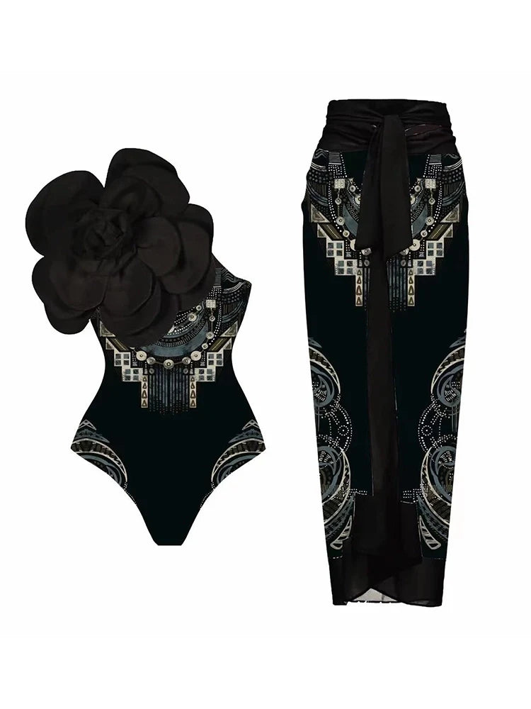 Floral Print One-Piece with 3D Black Flower