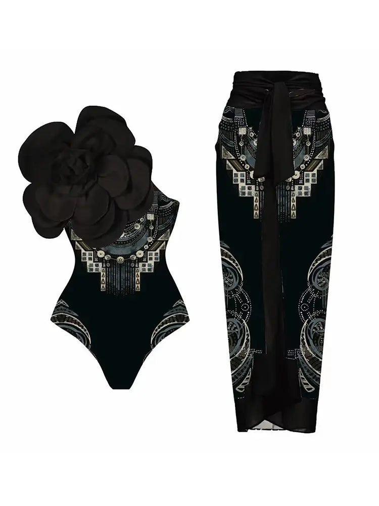 3D Black Floral Bust Decor Printed Swimsuit