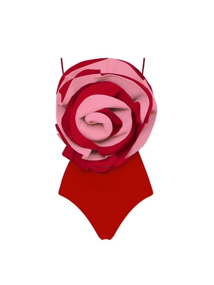 Red Statement Floral Contrast Swimsuit Set