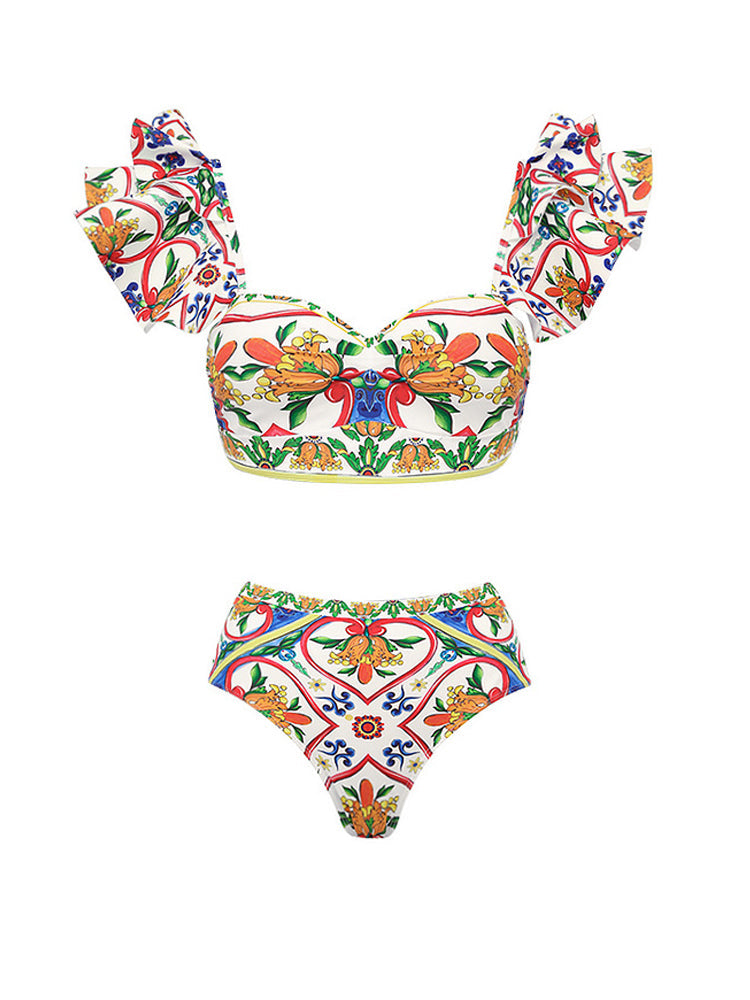 Ruffle Enamel Floral Bikini Swimsuit Set