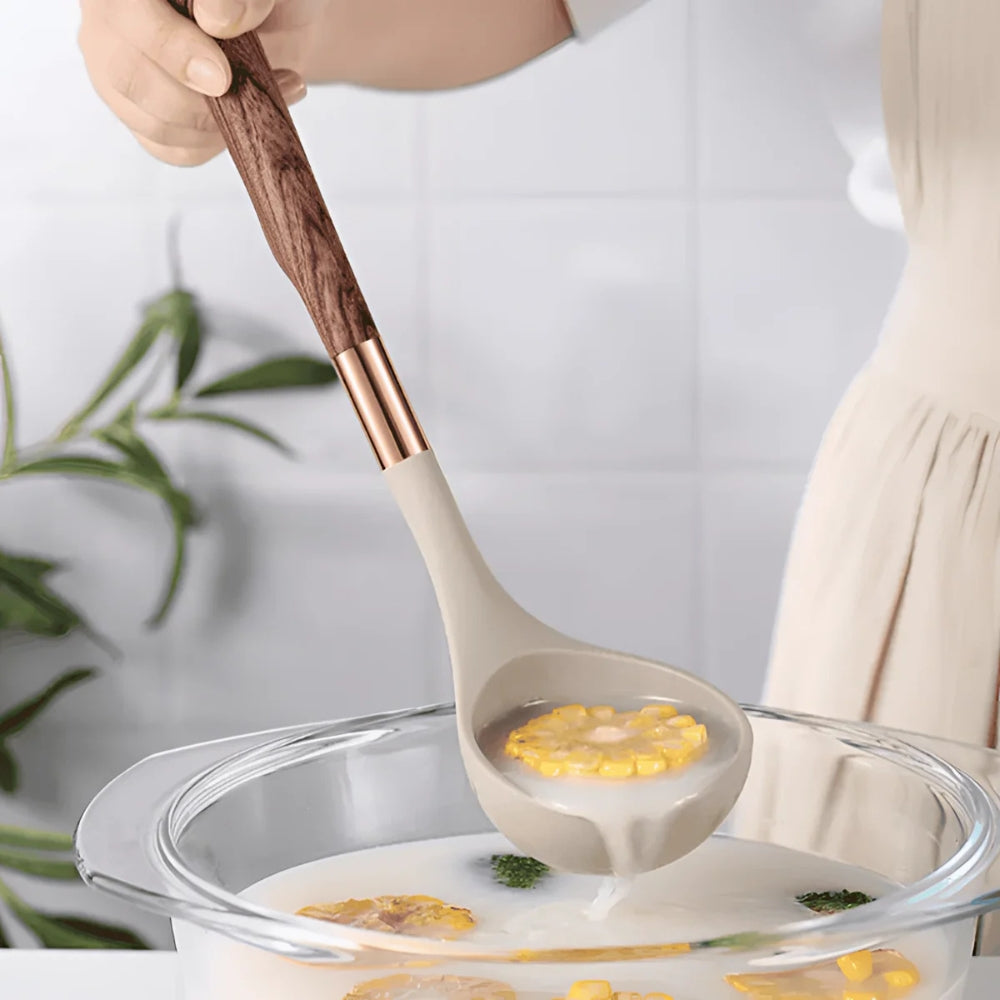 10-piece silicone kitchen utensil set with wood grain handles, heat-resistant cooking tools including spatulas, spoons, ladle, and pasta server