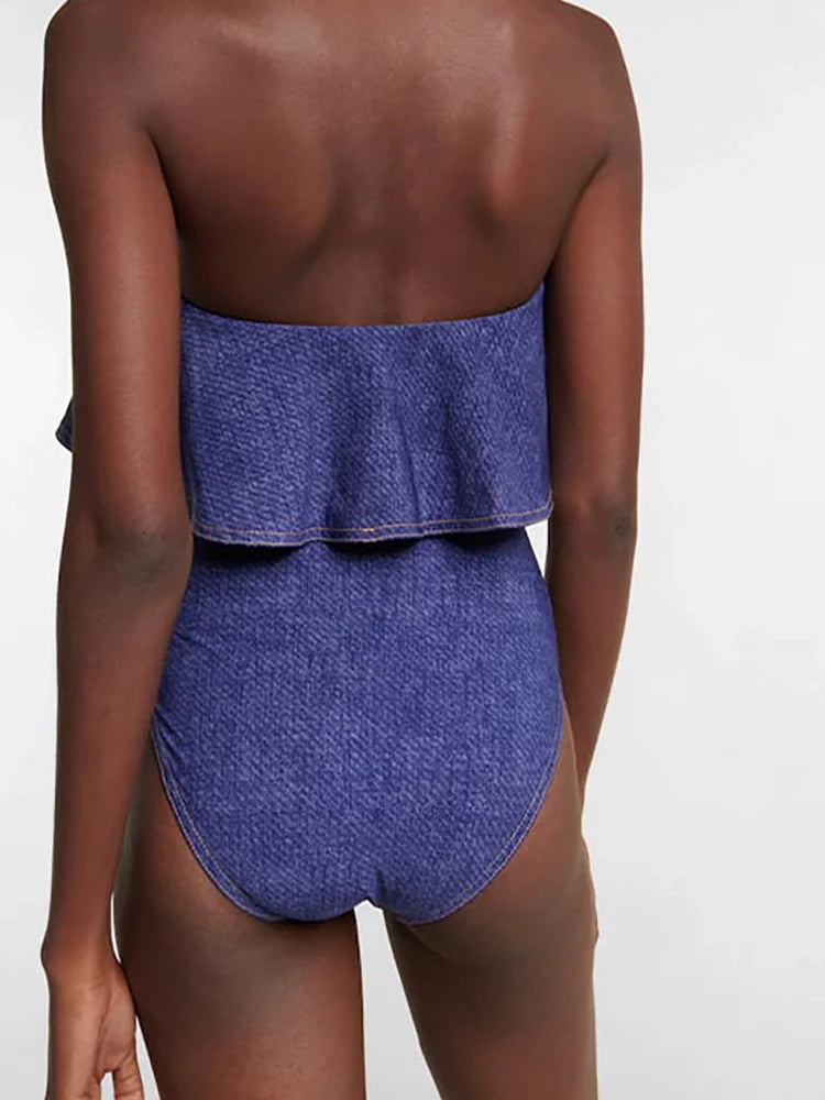 Denim Bandeau One Piece Swimsuit Set