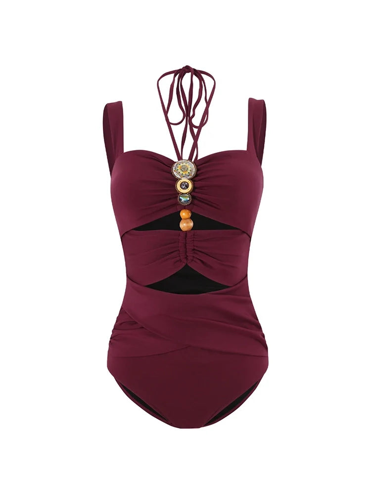 Burgundy Boho Beaded Cutout Swimsuit Set
