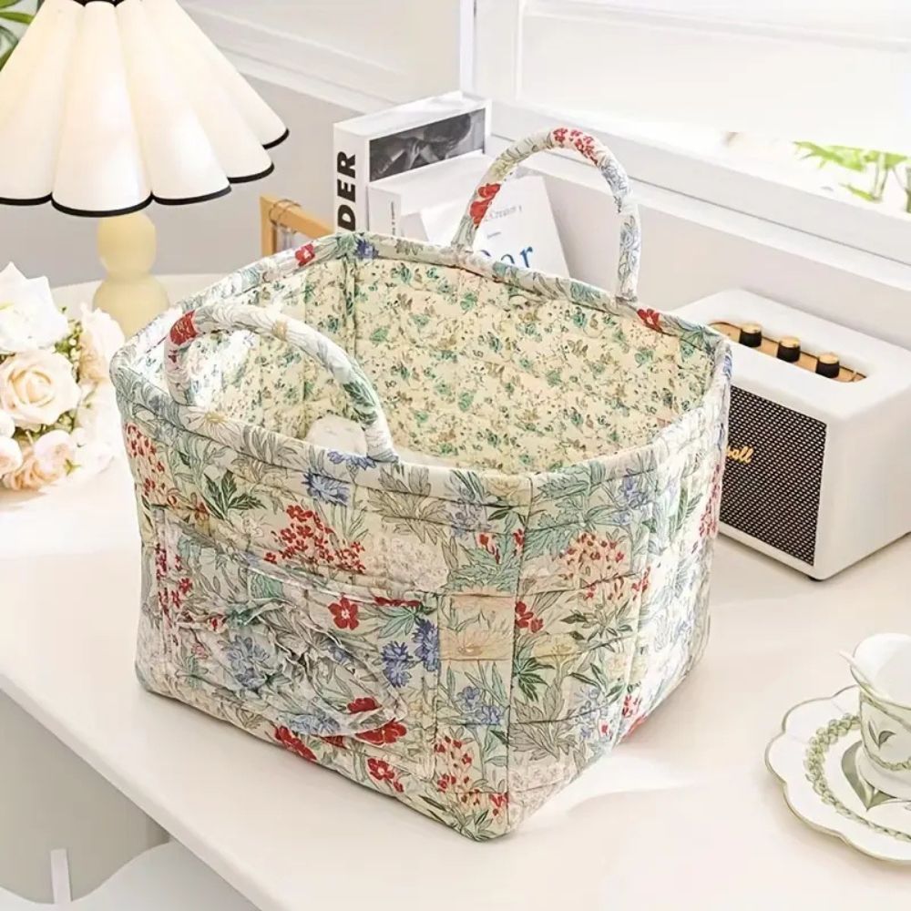 Vintage floral fabric storage basket with handles, quilted collapsible organizer for home decor and storage