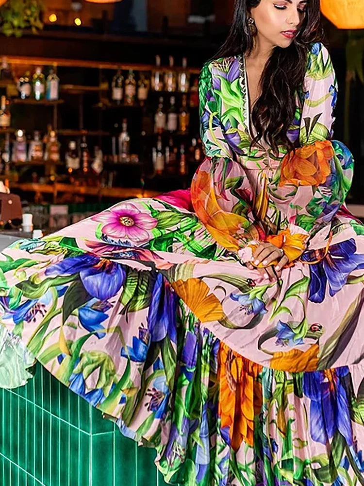 Deep V Lantern Sleeve Printed Swimsuit Set