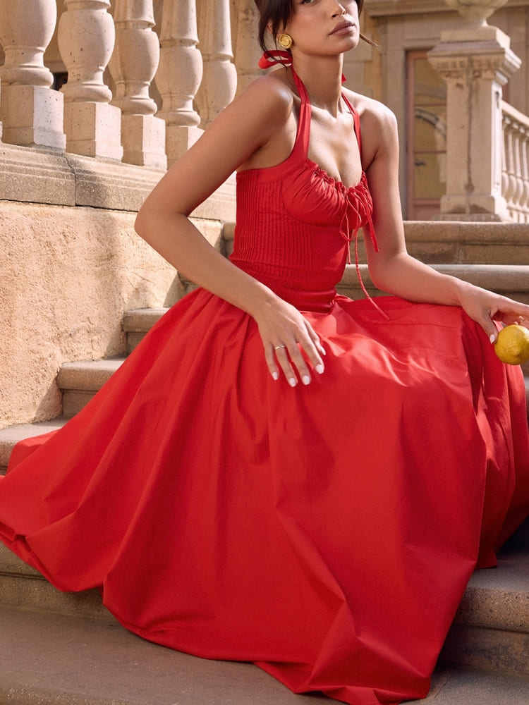 Red Backless Halter Midi Dress