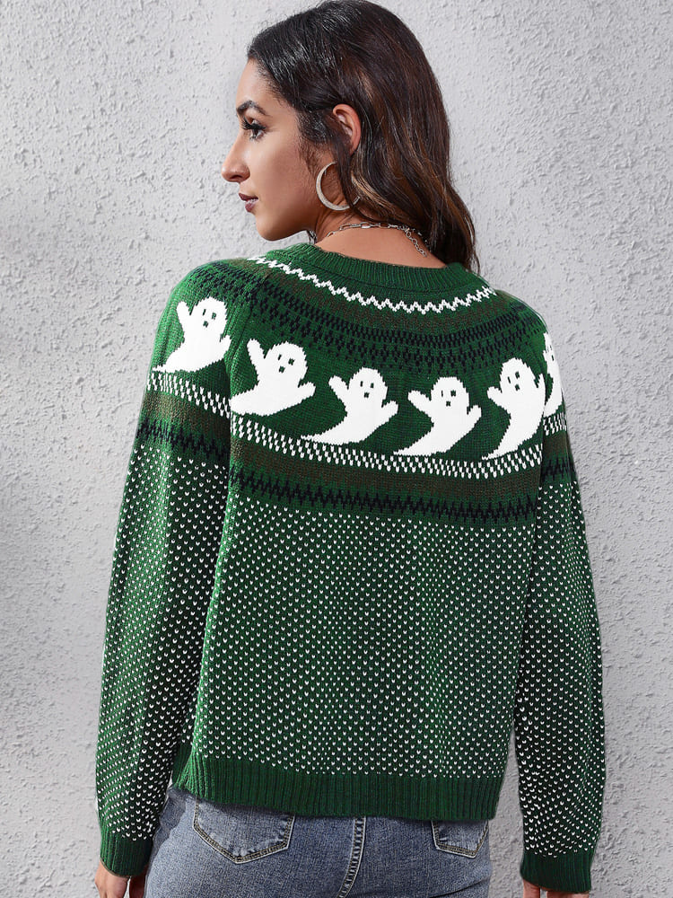 Literary Retro Ghost Pattern Round Neck Knitted Sweater