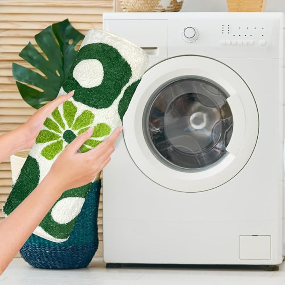 Green and white bathroom rug with retro text design ‘You Look Good’, soft absorbent bath mat with floral accent