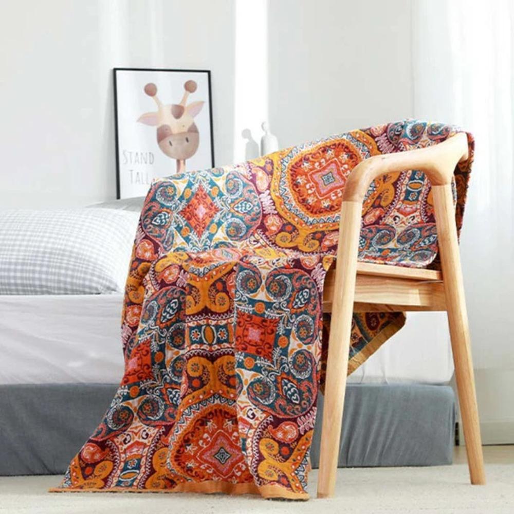 Cotton bathroom towel with colorful bohemian mandala design, soft and absorbent bath towel for daily use