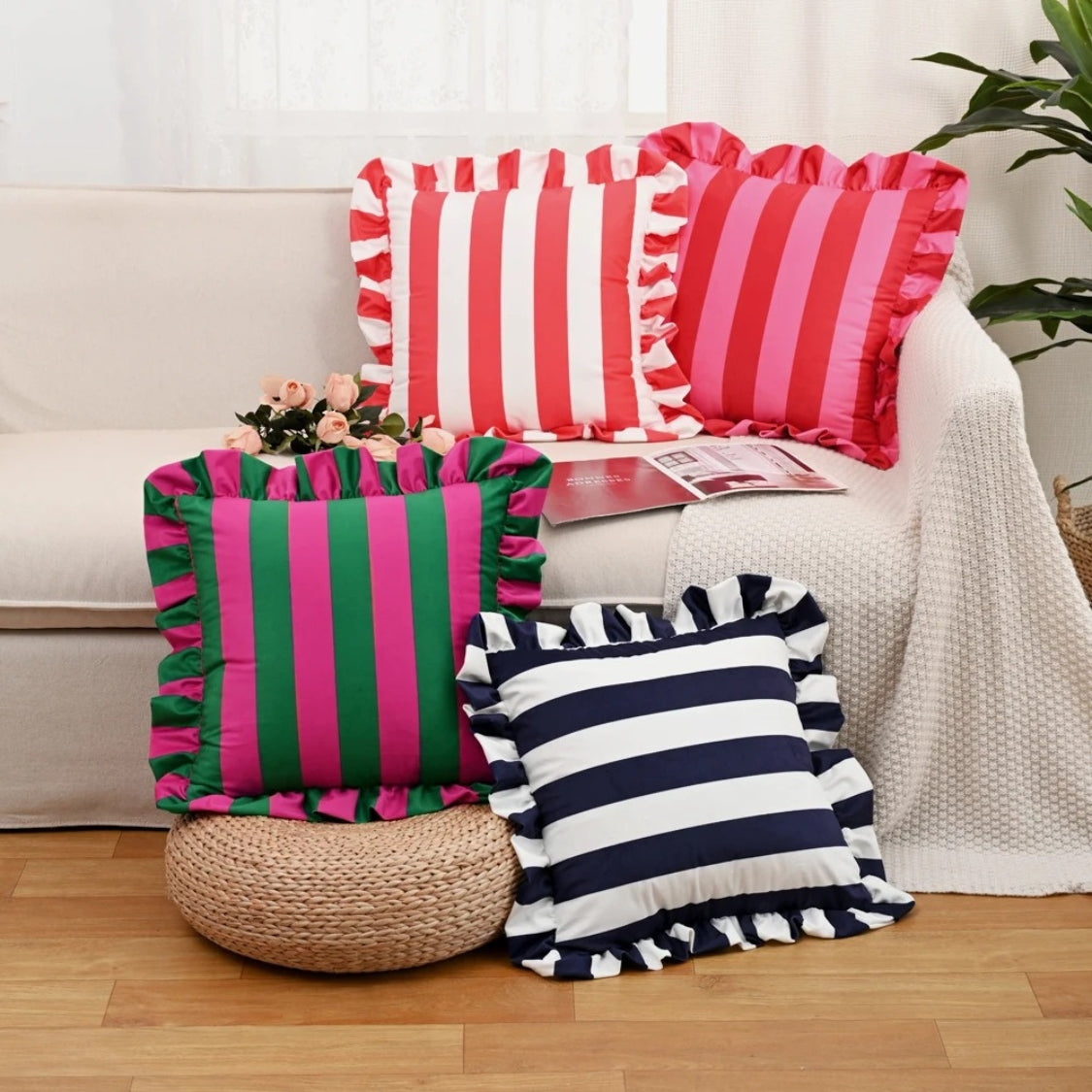Retro Striped Ruffle Cushion Cover