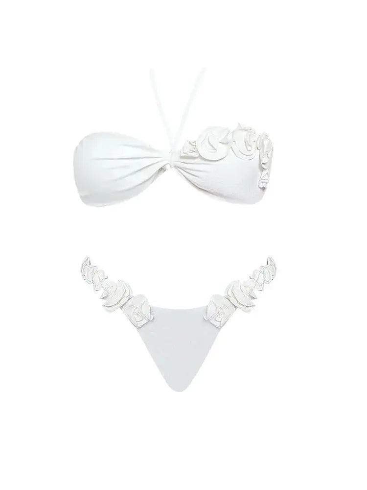 Halter Solid Color Floral Embellished Swimsuit