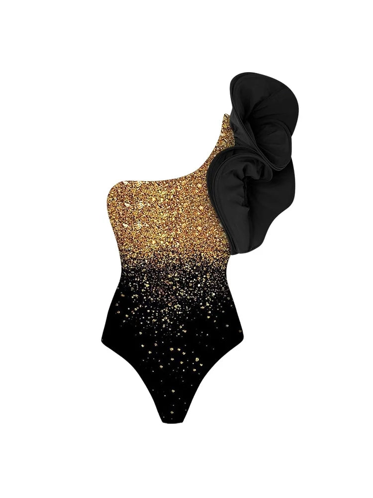 One Shoulder Print and Floral Strapless Set