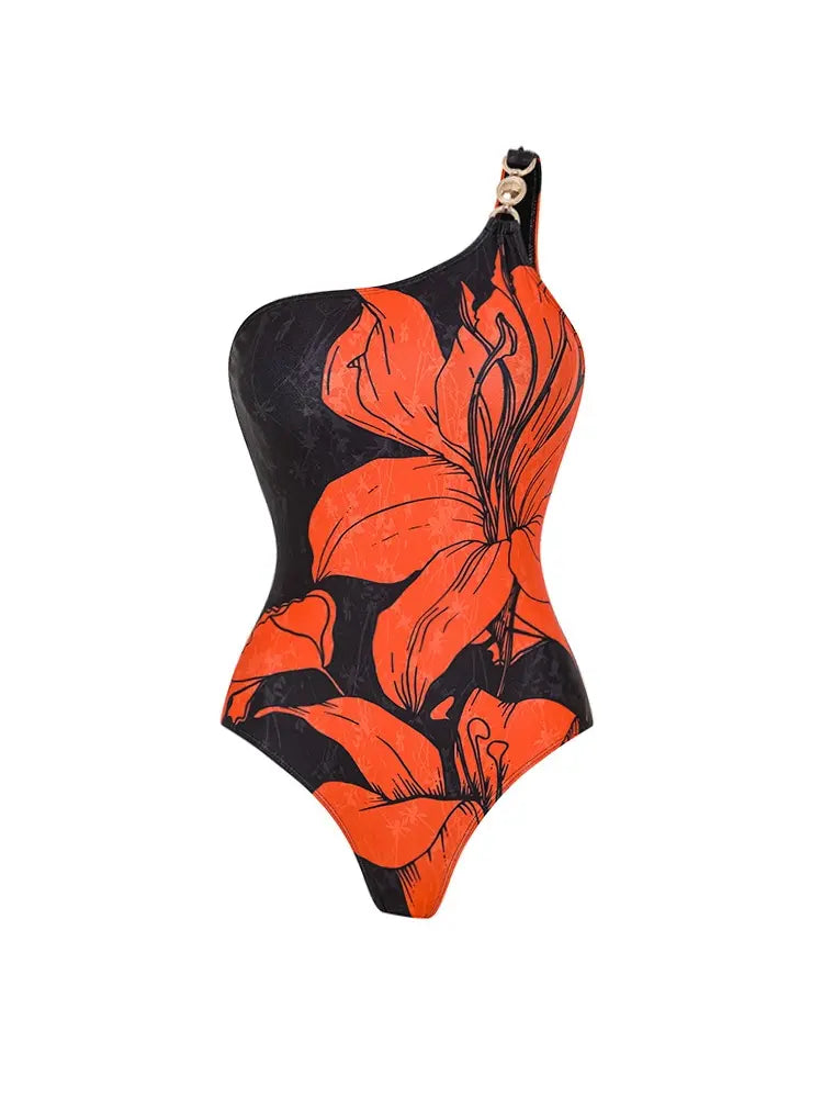 One Shoulder Printed One Piece Swimsuit Set