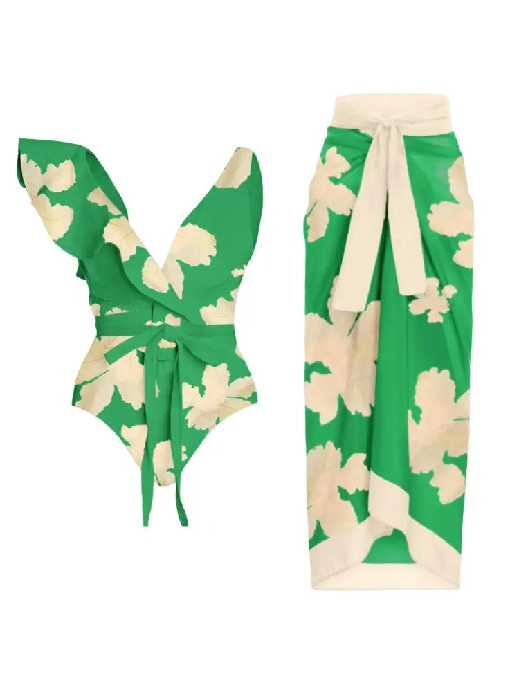 Belted Printed Swimsuits with Wrap Skirt Set